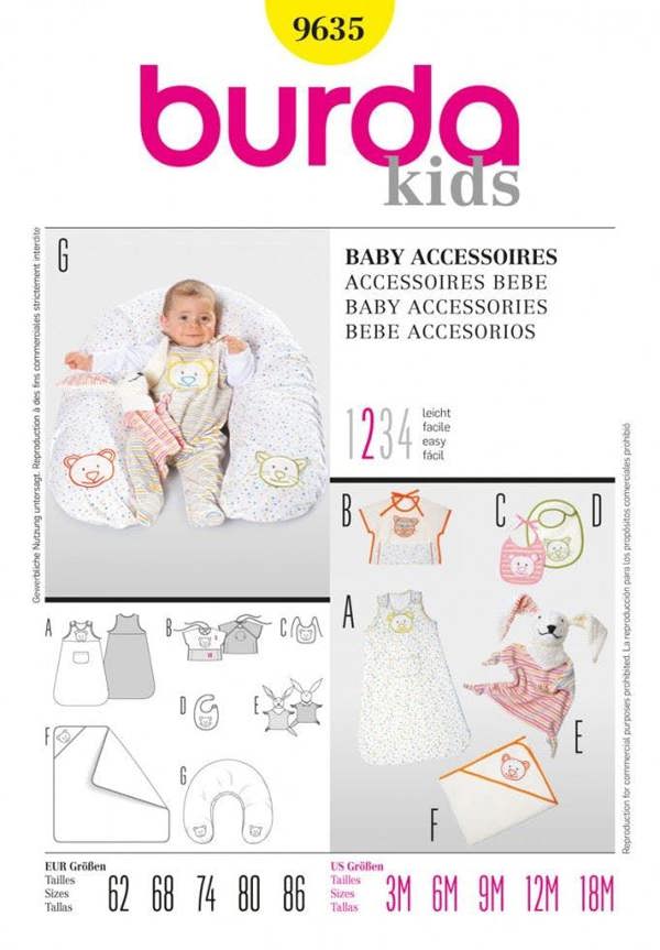 Burda Sewing Pattern 9635 Bibs and Toys For Babies, Ages: 3 Months-18 Months - Easy