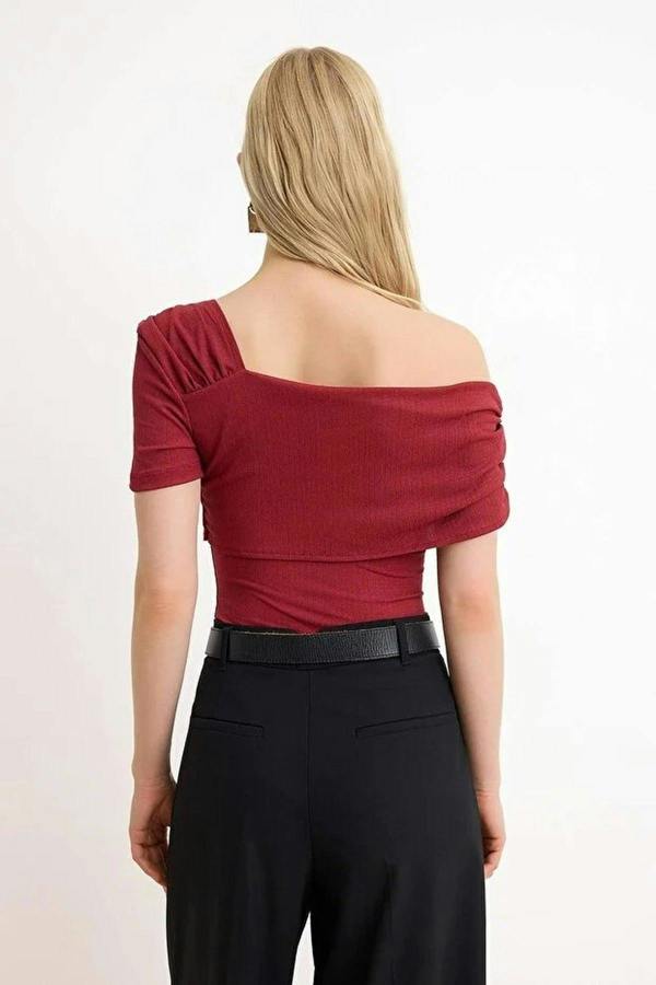 WOVCOR Asymmetrical Collar Fitted Snap Button Knitted Bodysuit