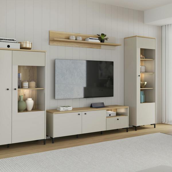 Furniture To Go Bixbite Wide TV Unit with Fluted Drawer, Open Shelf & Cupboard in Mauvella Oak and Sand