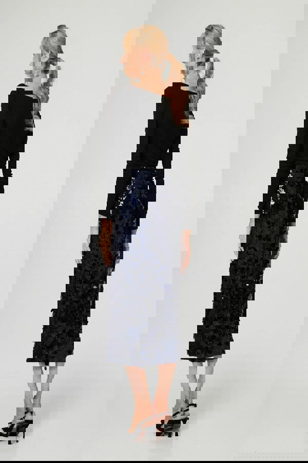 Navy | Sequin Embellished Straight Midi Skirt
