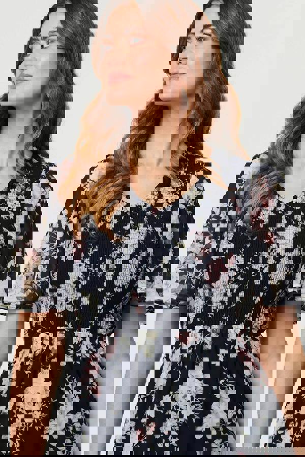 Navy | Floral Ruched Angel Sleeve Midi Dress