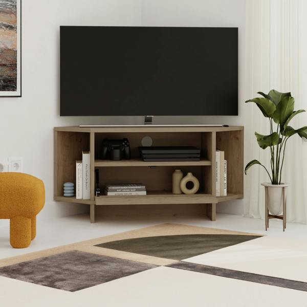 Decortie Modern Viva Corner TV Unit Shelf up to 36 Inch TVs Push to Open Storage Cabinet, 3 Open Shelf Media Centre 95.7(W)cm