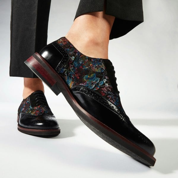 Embassy London Vivienne - Black Flower - Women's almond toe lace up leather oxfords with broguing