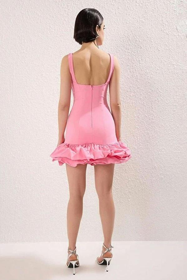 WOVCOR Balloon Skirt Detailed Woven Short Dress with Under Shorts Lining