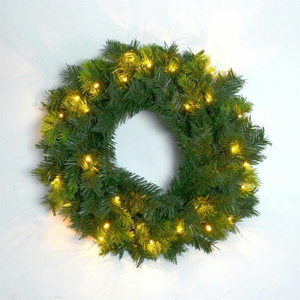 55cm Pre-Lit Green Christmas Wreath with Warm White LEDs, PVC Tips and Battery Box image 1