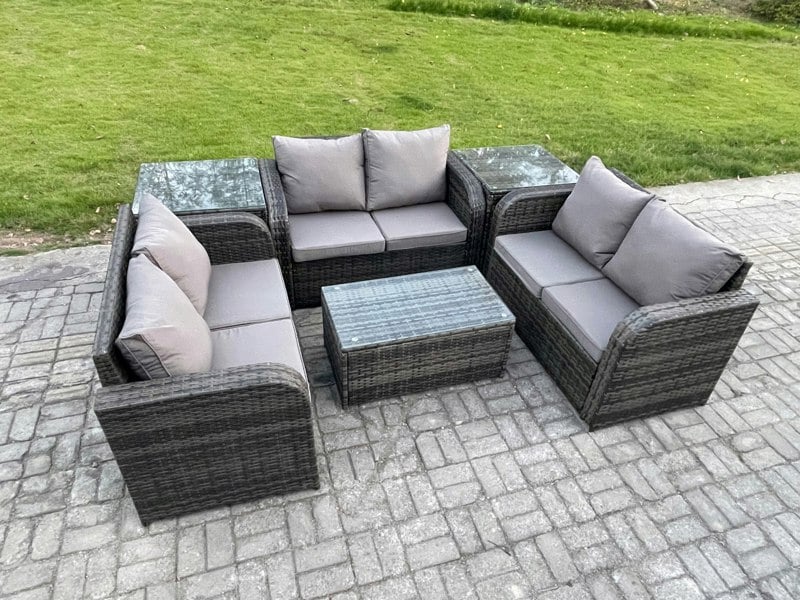 Fimous Outdoor Garden Furniture Sets 6 Seater Wicker Rattan Furniture Sofa Sets with Rectangular Coffee Table Love Sofa 2 Side Tables Dark Grey Mixed