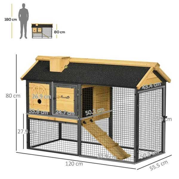 Outdoor rabbit hutch with run dimensions, black wire mesh, wooden frame, dark asphalt roof