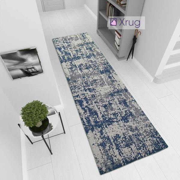 Viva Rugs Cotton Rug Navy and Grey Flatweave Mottled Small Extra Large XL Woven Mat Living Room Bedroom Carpet Abstract Oil Painting Pattern - 75x300cm (2'5"x9'8")