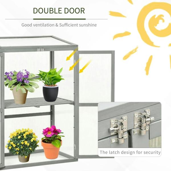 Cold frame greenhouse with double doors and latch hardware for secure closure