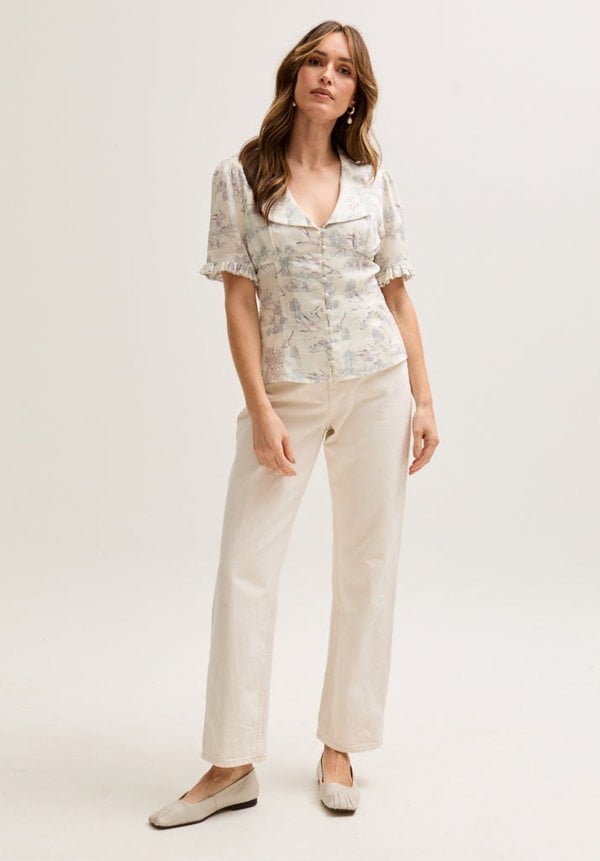 Rachel Vintage Inspired Short Sleeve Josephine Print Shirt In Cream
