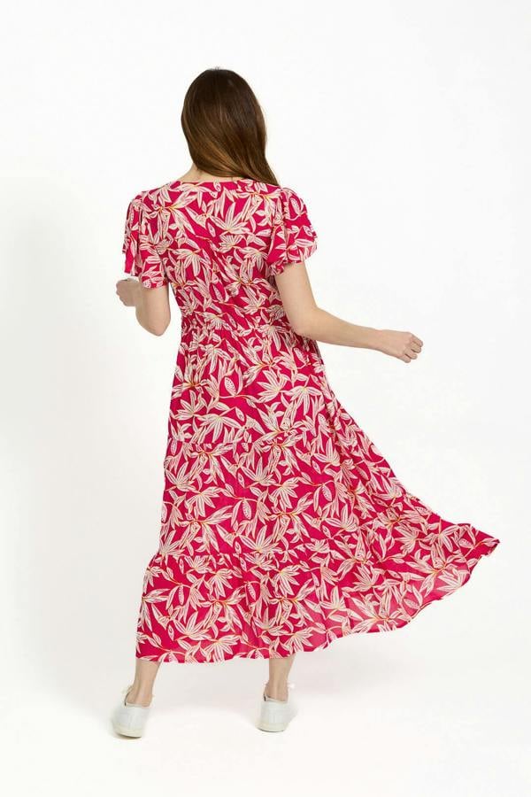 Mudflower Leaf Print Button-Up Elasticated Tie-Front Flared Midi Dress