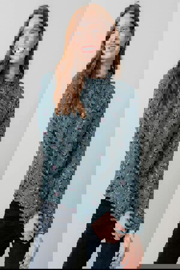 Lily & Me Eastcombe High Neck Floral Print Top Sea Mist