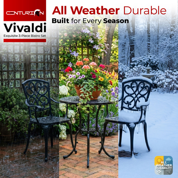 Centurion Supports VIVALDI 3-Piece Aluminium Garden Bistro Set - Round Table with Parasol Hole & 2 Generously Sized Armchairs - Baroque Design (Black)