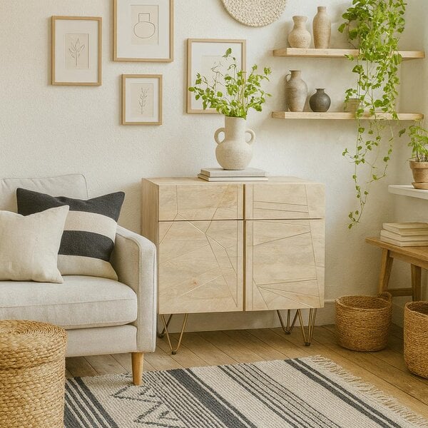 Wyld Haus Bali Light Natural Mango Wood and Gold Sideboard 2 Drawers 2 Doors 2 Shelves