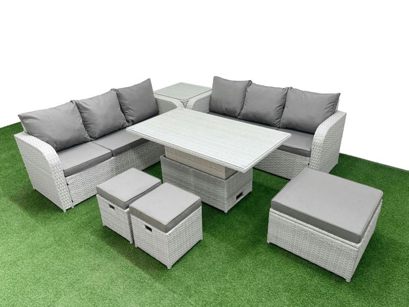 Fimous 9 Seater Garden Set, Rattan Furniture, Adj Height Table, High Back Lounge Sofa, 3 Stools and Side Table, Light Grey