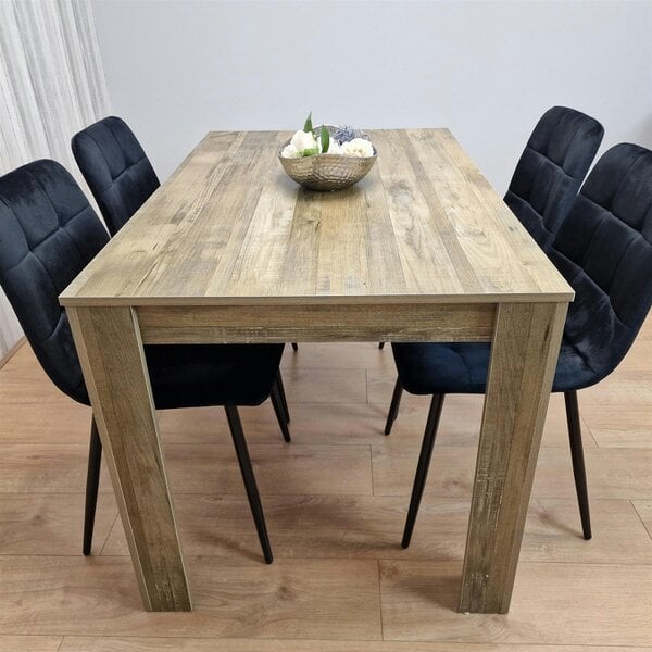 Kosy Koala Dining Table and 4 Chairs Rustic Effect Wood Table 4 Black Velvet Chairs Dining Room