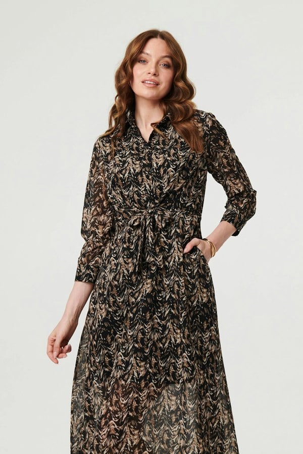 Black | Abstract Tie Waist Shirt Midi Dress
