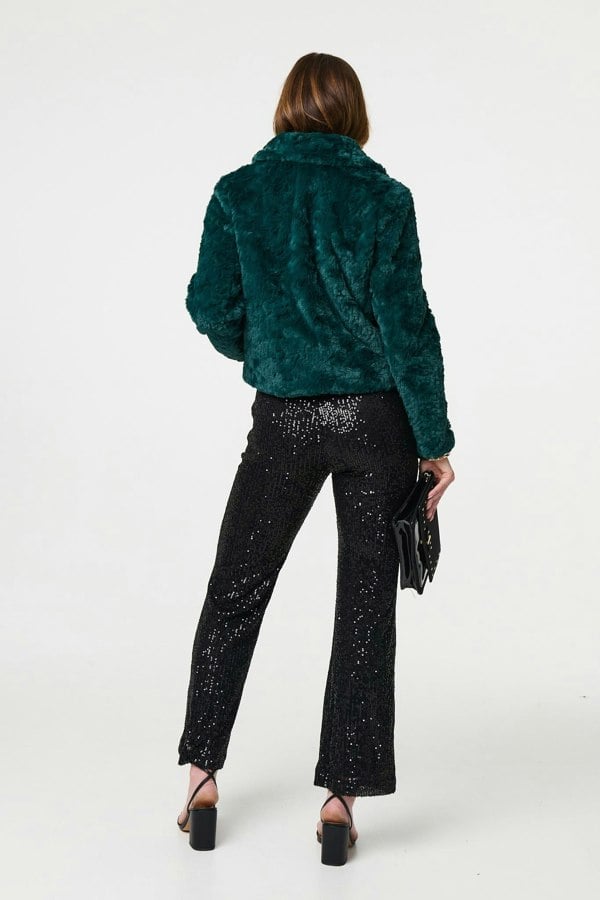 Green | Faux Fur Cropped Long Sleeve Jacket
