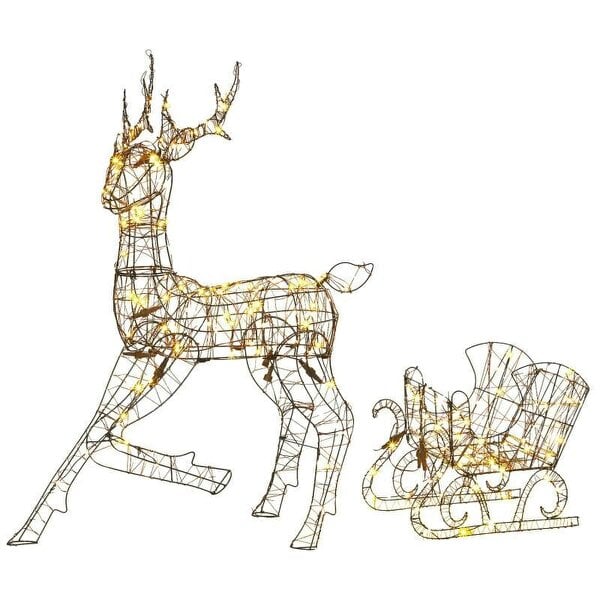 Bobobiy Lighted Reindeer and Sleigh Set, 2-Piece PP Rattan Outdoor Christmas Decoration with LEDs, 8 Modes, Daily Timer