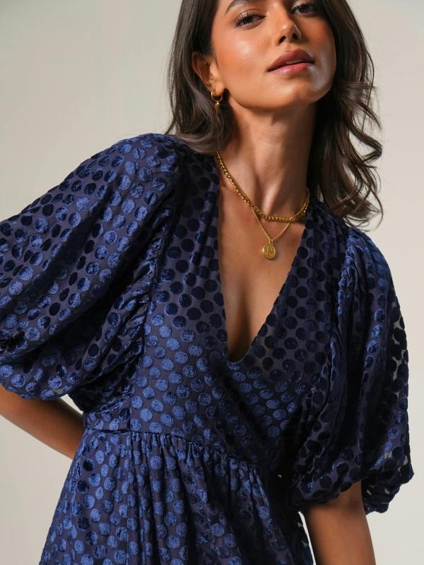 Rose & Nancy Margot Navy Velvet Polka Dot Maxi Dress