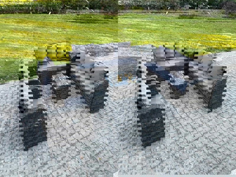 Fimous High Back Rattan Garden Furniture Set with Square Coffee Table Side Table Indoor Outdoor Patio Lounge Sofa Set Dark Grey Mixed