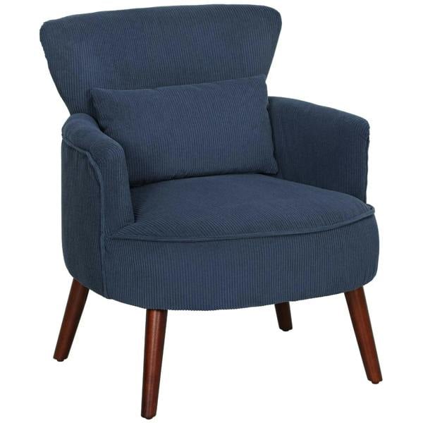 Blue corduroy accent chair with rounded arms, cushioned seat, and wooden legs