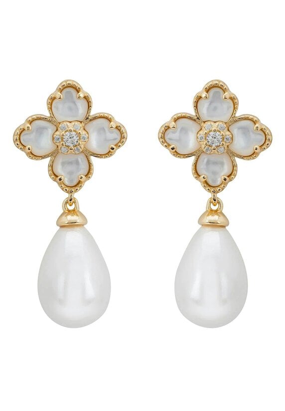 Latelita Flower Clover Pearl Drop Earrings Mother Of Pearl Gold