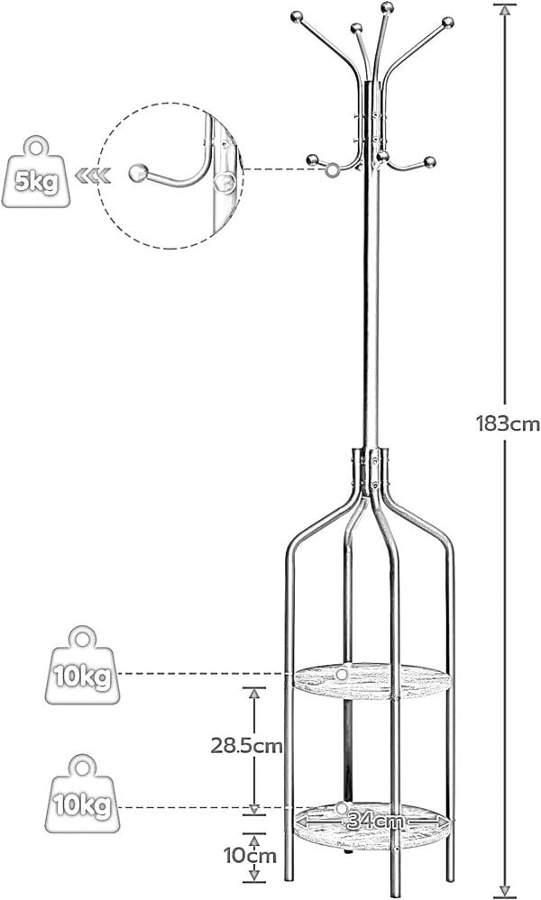 Rafaelo Mobilia Coat Stand with 2 Shelves and 8 Hooks