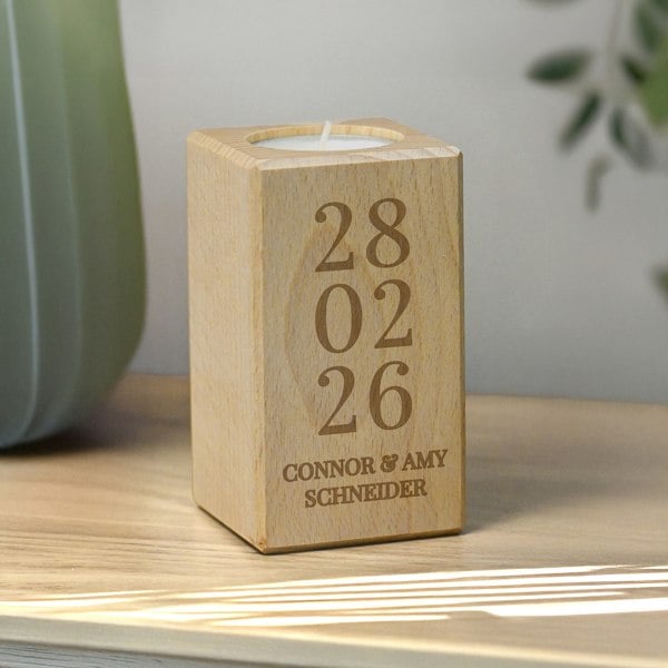 Personalised Memento Company Personalised Anniversary Date Wooden Tealight Holder