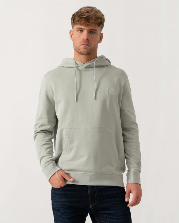 Model wearing BOSS Orange Wetalk Mens Pullover Hoodie With Logo Patch in Silver 043 - Main