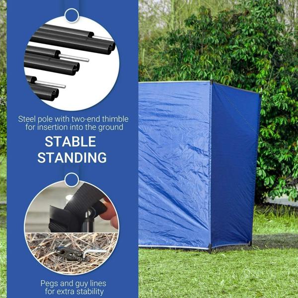 Blue windbreak with steel poles and ground stakes for stable standing