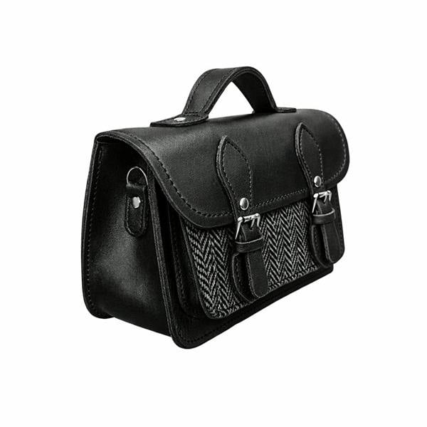 Zatchels Handmade Tannery Leather and Tweed Cross Body Micro Satchel Plus - Black
