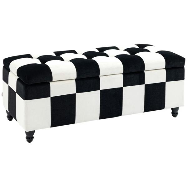 Black-and-white checkered storage ottoman with hinged lid, velvet upholstery, wooden legs.