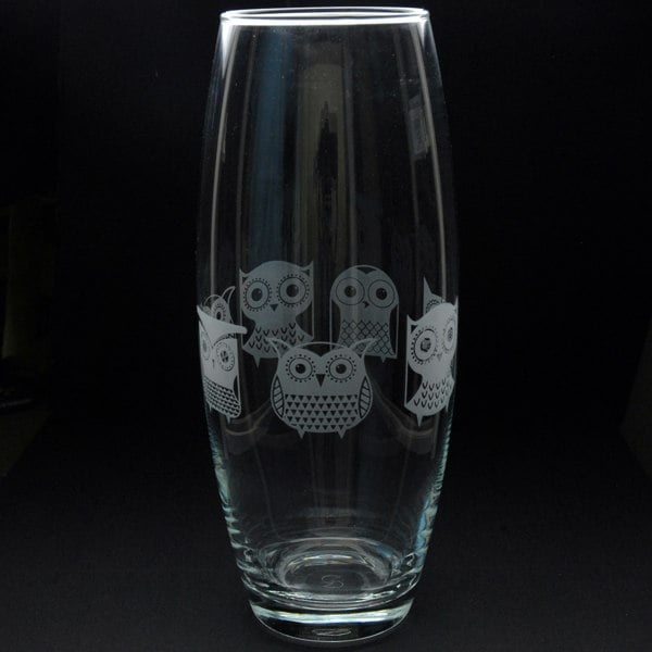 Glyptic Glass Art Cartoon Owl Glass Botanica Vase - Hand Etched/Engraved Gift