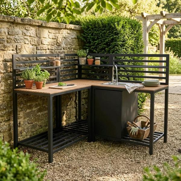 Aluminium and wood outdoor kitchen set featuring a sleek design, natural wood accents, and a modern sink, perfect for entertaining