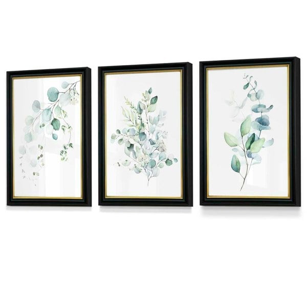 Artze Wall Art FLORAL Set of 3 Eucalyptus Blue Green Leaves Framed Prints