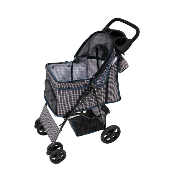 Monstershop Pet Stroller with Rain Cover & Caddy Bag - Blue Tartan