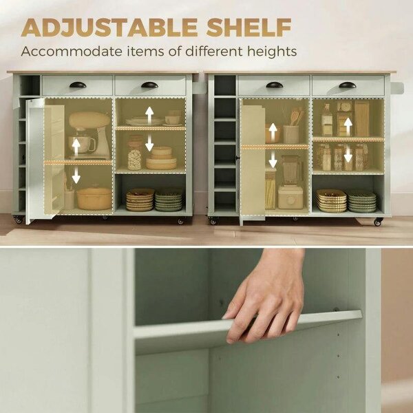 Bobobiy Kitchen Island with Drop Leaf Tabletop Kitchen Island on Wheels Storage Cabinet Shelf Trolley Light Green