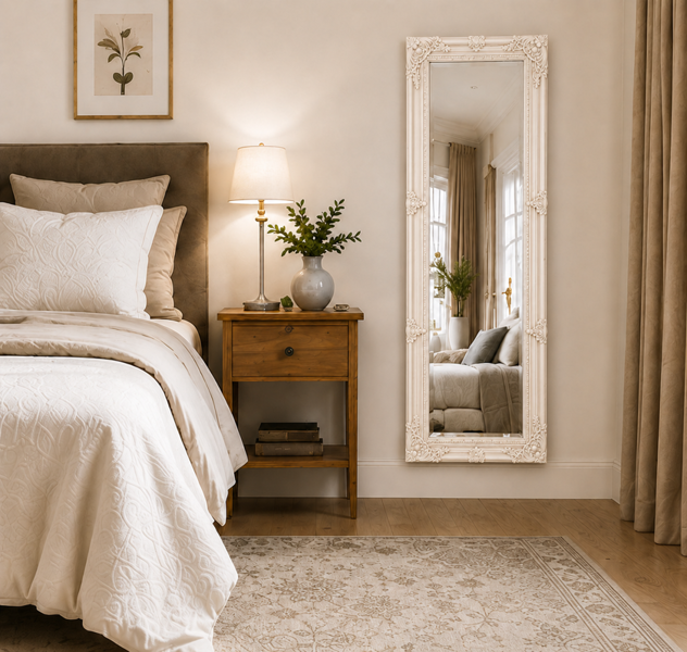 Downton Interiors Antique Style Cream Tall Ornate Dressing Wall Mirror with Bevelled Glass 142cm