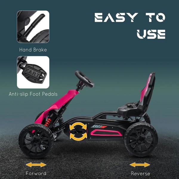 Pink kids pedal go-kart with handbrake and anti-slip foot pedals; black handlebar