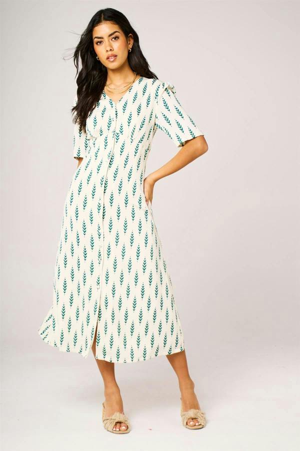 FS Collection Green Leaf Print Button Front Midi Dress In White