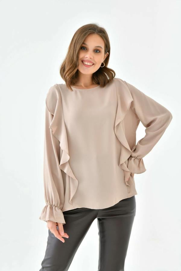 Hoxton Gal Oversized Frilled Front Blouse with Detailed Cuffs in Beige