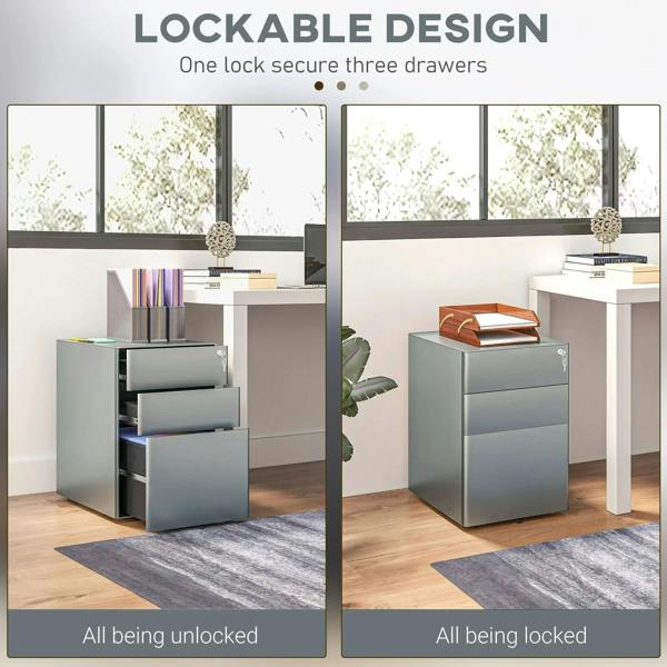 Lockable grey 3-drawer filing cabinet concept showing locked vs unlocked state