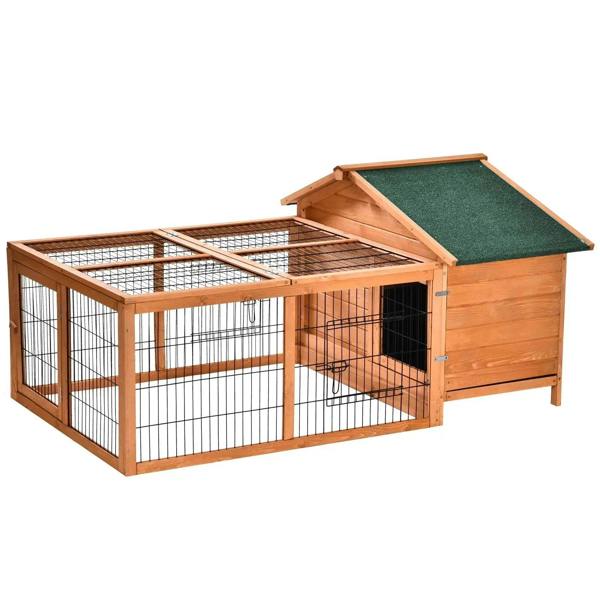 Wooden small pet hutch with wire run, green roof panel, and lockable front door