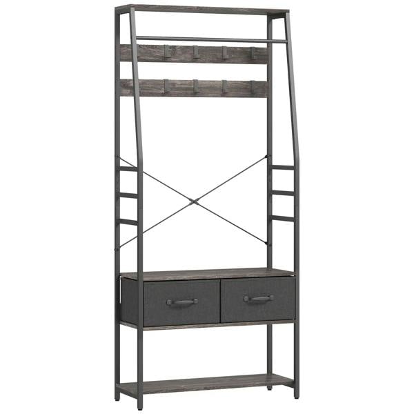 Grey hall tree coat rack with shoe storage and two fabric drawers