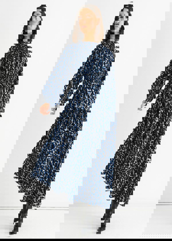 Gini London Blue Animal Print Shirred High Neck Maxi Dress