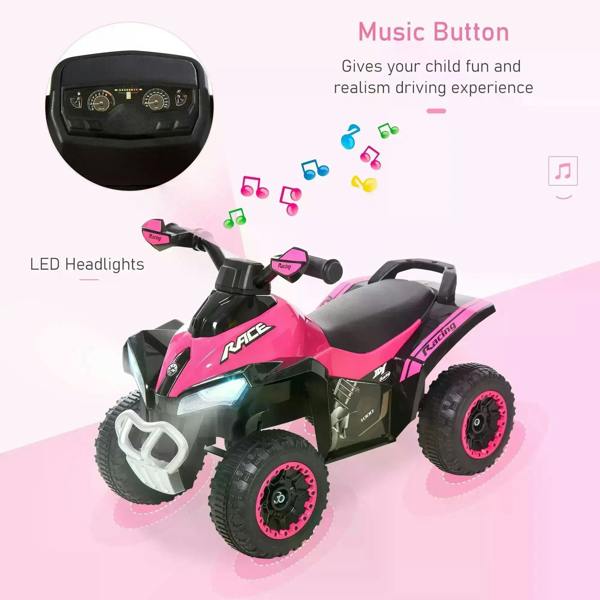 Pink kids 4-wheel ride-on motorcycle toy showing LED headlight beam