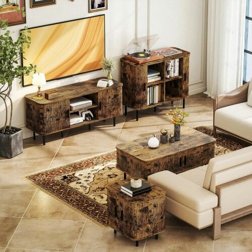 Bobobiy Coffee Table with Storage, Rectangular Coffee Table with Elevated Base, Rustic Brown