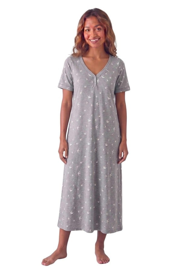 Camille Womens 100% Organic Cotton Classic Full Length Short Sleeved Nightdress - Grey Bird