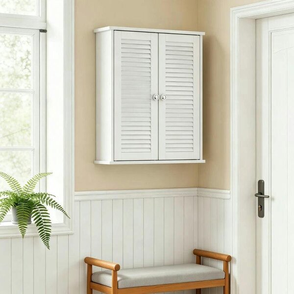 Bathroom Cabinet, Bathroom Wall Cabinet with Louvered Doors and Adjustable Shelf Storage for Kitchen, White